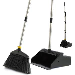 Commercial Broom and Dustpan Set, Broom with Dustpan Combo Set, Outdoor Brooms Sweeping for Floors, Pet Hair, Leaf, Dust Pan Broom Sets for Garage Courtyard Kitchen Home Lobby Indoor