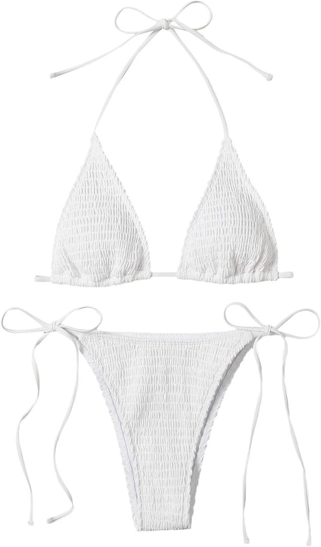 SweatyRocks Women's 2 Piece Triangle Bathing Suit Halter Top Tie Side Thong Bikini Swimsuits (Small, White)