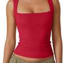QINSEN Women's Square Neck Sleeveless Double-Layer Tank Tops Basic Tight T Shirts (Medium, Red)
