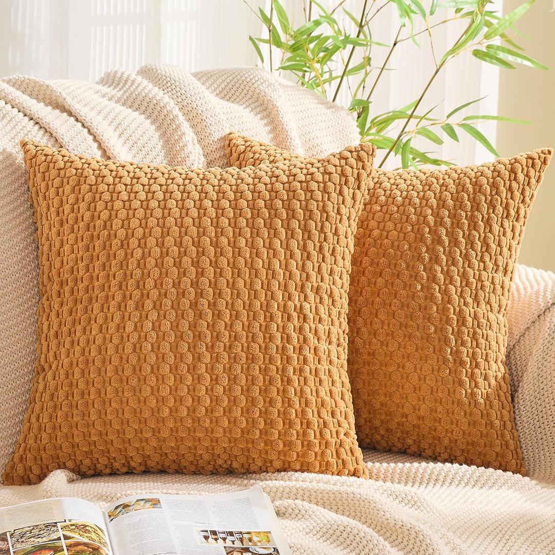 GAWAMAY Decorative Throw Pillow Covers 24x24 Inch Set of 2 for Living Room Couch Bed Sofa, Farmhouse Square Cushion Cover Soft Striped Corduroy Pillow Cases Boho Accent Home Decor (60x60cm) Dark Green