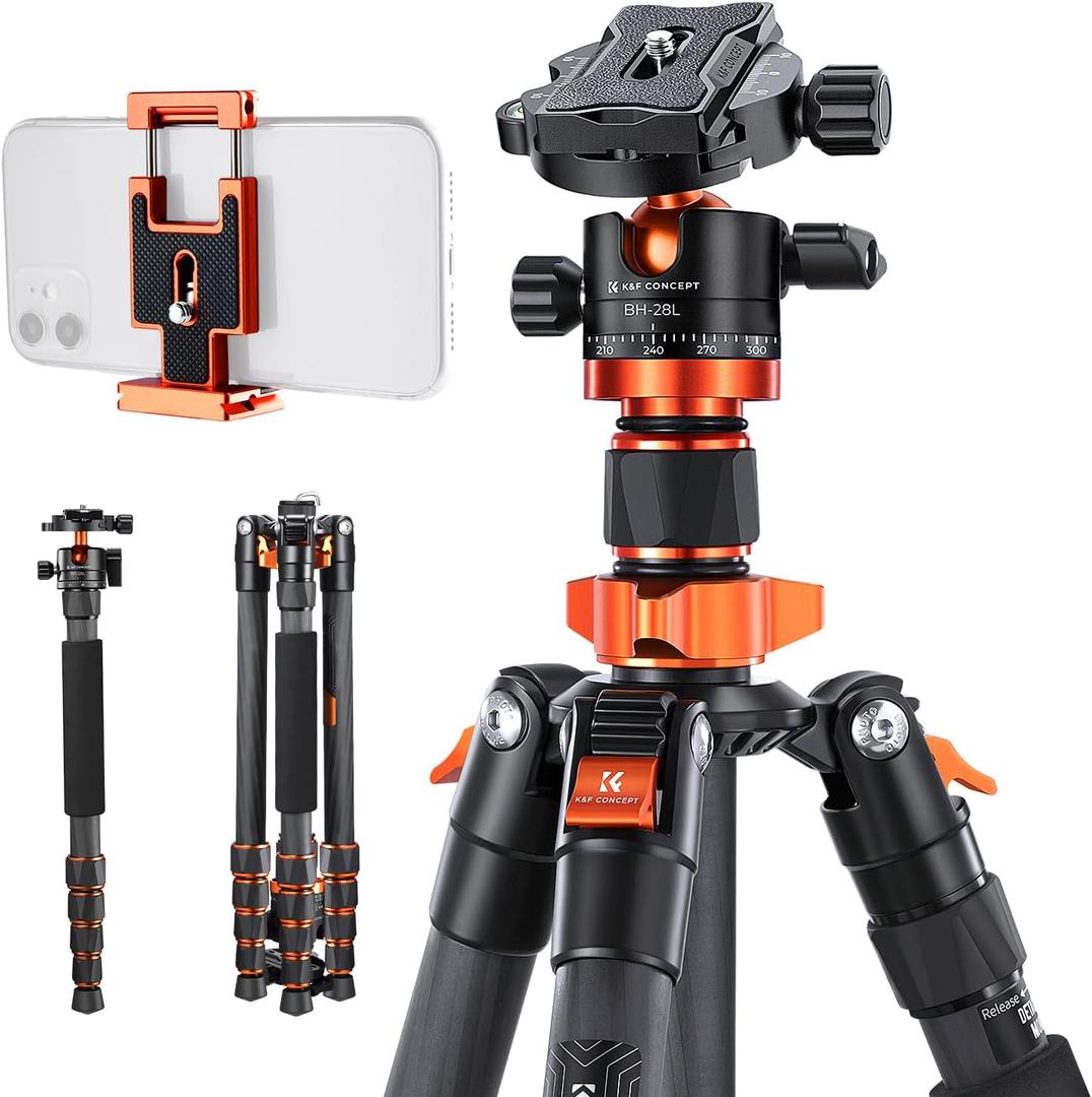 K&F Concept 68" Carbon Fiber Camera Tripod,Compact Tripods with Metal Ball Head,Quick Release Plate,Detachable Monopod 10KG Load for DSLR Cellphone Tripods(SA255C1) D255C4+BH-28L (22lbs/68 inch)