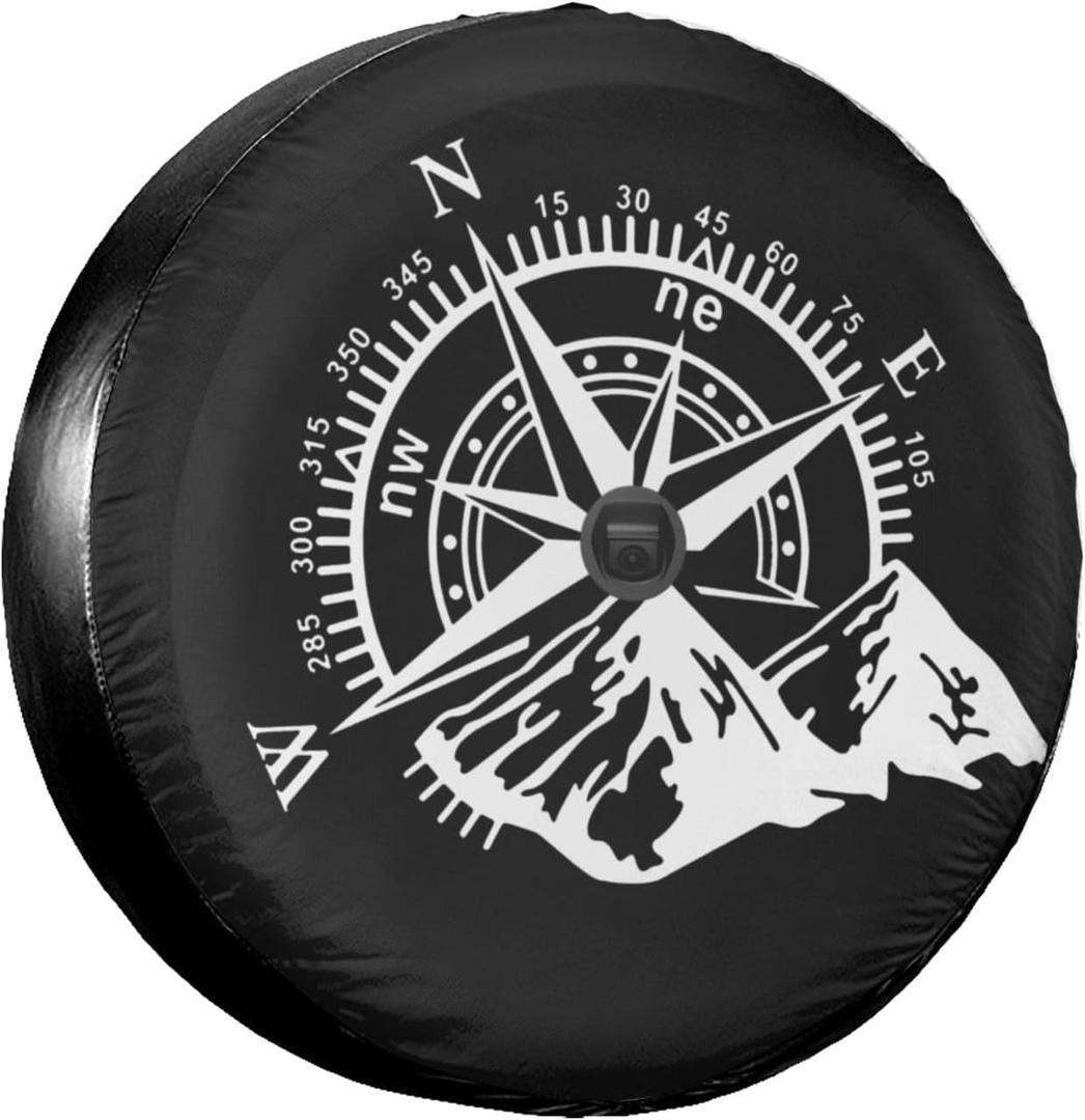 Compass Rose Mountains Spare Tire Cover with Back-up Camera Hole Leather Wheel Cover Tire Protector for Wrangler JL (18" fit for tire Diameter 33"-34")