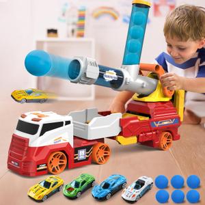 Dwi Dowellin Truck Toys for Kids, 28" Large Car Toys Include 4 Racing Cars+6 Ball, with Light & Sounds, Eejection&Shooting Transport Cars Toy, Gifts for Boys Girls-RED