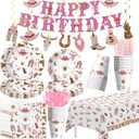 Western Cowgirl Party Decorations for Birthday Baby Shower, Wild West Pink Cowgirl Birthday Party Supplies, Paper Plate, Napkin, Cup, Tablecloth, Banner, Swirls, Cutlery, 24 Guests