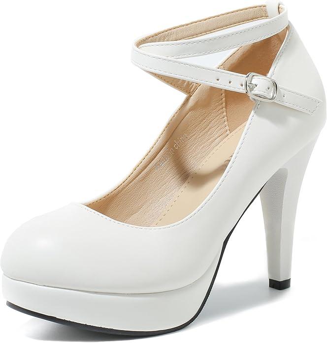 fereshte Women's Platform Pumps, Ankle Strap, High Heel, Closed Toe, Party Wedding Dress Shoes Matte White 7