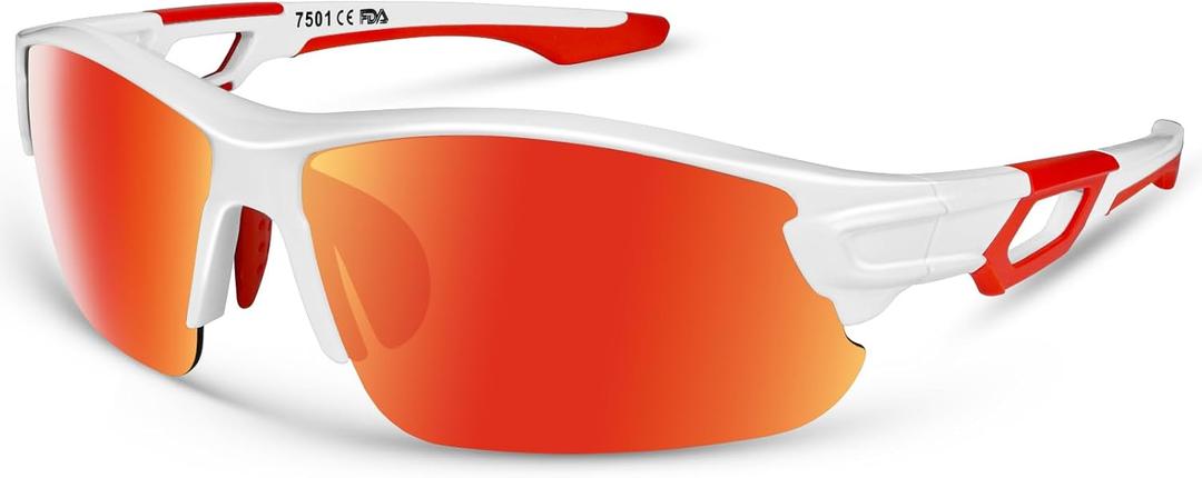 BEACOOL Polarized Sports Sunglasses for Men Women Youth Baseball Fishing Cycling Running Hiking Motorcycle Tac Glasses UV400 (Medium, Glossywhite Red)