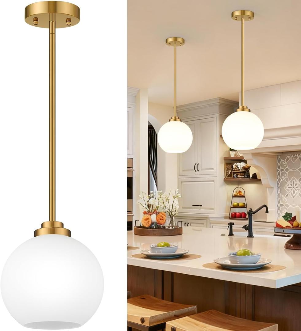 2 Pack 7.2-Inch Globe Pendant Lights, Mid Century Gold Pendant Light Fixtures, Globe Pendant Lights Kitchen Island with Milk Glass Shade Adjustable Hanging Fixture for Dining Room (Bulbs not Included)