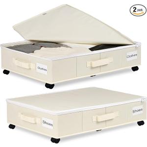 Under Bed Storage with Wheels, 2 Pack Under Bed Storage Containers with Label Holders for Clothes, Shoes and Blankets, Rolling Underbed Shoe Organizer with Cover, Beige (30.71x15.7x7.28 in)
