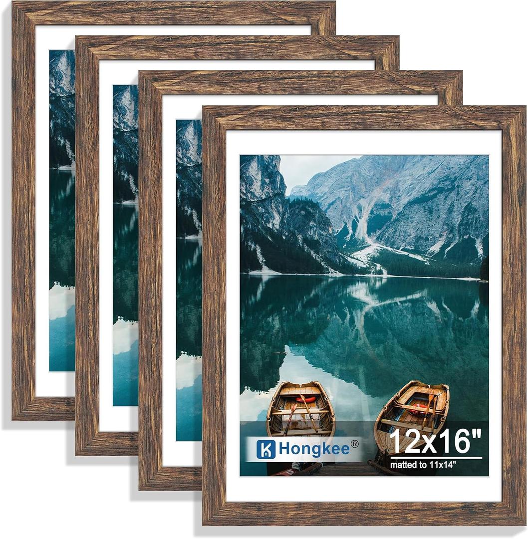 Hongkee 12x16 Picture Frame Set of 4, 12 x 16 Rustic Brown Wood(Mat 11x14), 12X16 in