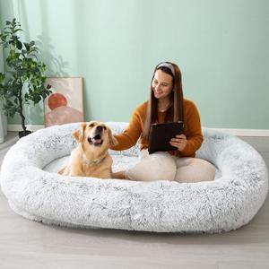 JOLLYVOGUE Human Dog Bed for Adults and Pets, Ultra-Soft Plush Giant Dog Bed with Egg Crate Foam, Non-Slip Base, and Machine Washable Cover - Ideal for Relaxation and Napping, Light Grey (64")