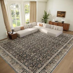 Washable 9x12 Area Rugs for Living Room, Boho Non-Slip Vintage Distress Lager Rugs for Bedroom Dining Room Nursery Office, 0.3" Neutral Oriental Throw Thin Carpet, Black/Blue/Multi,A1