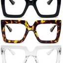 REAVEE 3 Pack Oversized Reading Glasses for Women Large Frame Extra Wide, Blue Light Blocking Stylish Thick Square Readers (Black + Leopard + Clear)