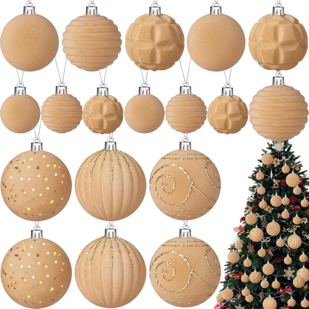 Suzile 18 Pcs Velvet Christmas Tree Ornaments Flocked Christmas Ball Decorations Xmas Balls Holiday Hanging Ornaments for Xmas Tree Wreath Garland Holiday Fireplace Decoration (Champagne)