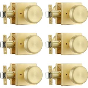 6 Pack Brushed Gold Door Knob with Square Rosette, Heavy Duty Door Knob with Lock, Interior Door Handles for Bath & Bed, (Satin Brass)