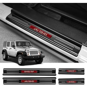 ZZEQYG 4 Pcs Stainless Steel Door Sill Protector Compatible with Jeep Wrangler JK JKU Sport Sahara Rubincon 2007-2017 Accessories Stainless Steel Red Trim 4-Door Sill Guards Trim
