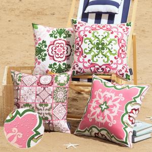 Phantoscope Set of 4 Outdoor Waterproof Throw Pillow Covers, Geometric, Decorative Boho Farmhouse Outdoor Pillows Cushion Case for Home Patio Furniture Tent Sunbrella, Pink/Green Fig 18x18 Inches
