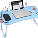 Slendor Lap Desk with Tablet Slot, Foldable Laptop Table with Storage Drawer for BedPortable Bed Desk for Laptop, Computer Tray with Cup Holder Notebook Stand Reading Holder for Couch Floor, Blue