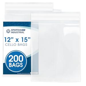 Spartan Industrial - 12" X 15" (200 Count) Crystal Clear Resealable Cello Poly Bags for Packaging, Clothing & T Shirts - Self Seal & Reinforced Spartan Industrial - 12" X 15" (200 Count) Crystal Clear Resealable Cello Poly Bags for Packaging, Clothing & T Shirts - Self Seal & Reinforced