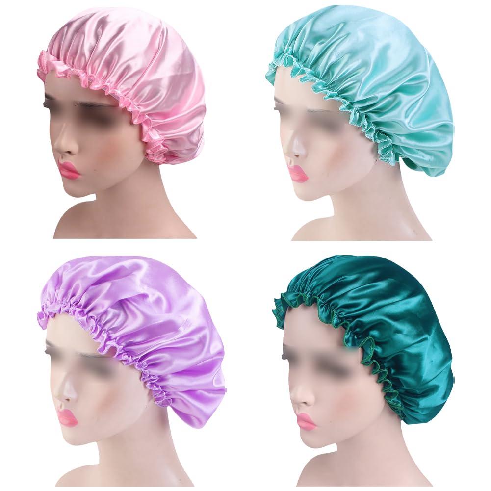 4 Pcs Satin Shower Caps Elastic Bath Hats Waterproof Bathing Shower Cap Hat Large Soft Bath Shower Caps for Hair Protection