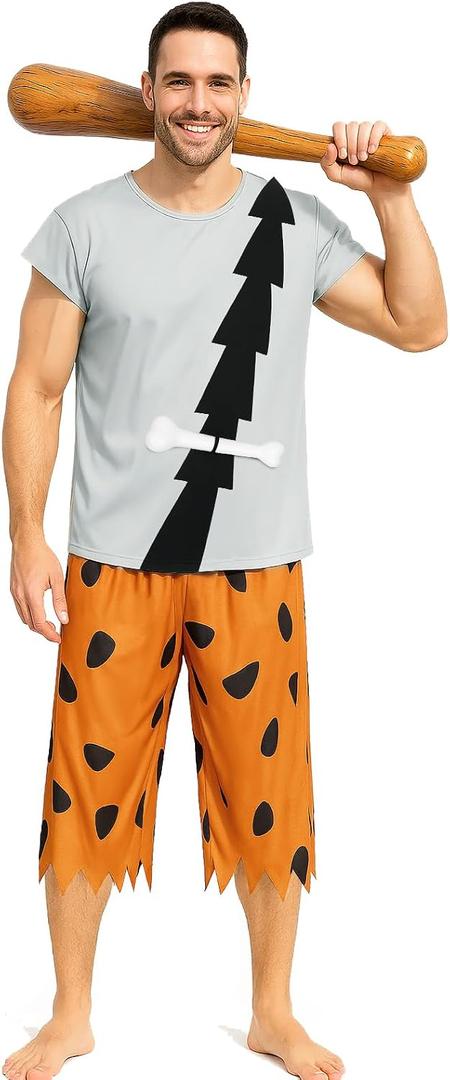 Men Adult Bam Costume Caveman T-Shirt Pants Outfit with Bone Accessory Halloween Stone Age Cosplay Dress Up (Gray, L)