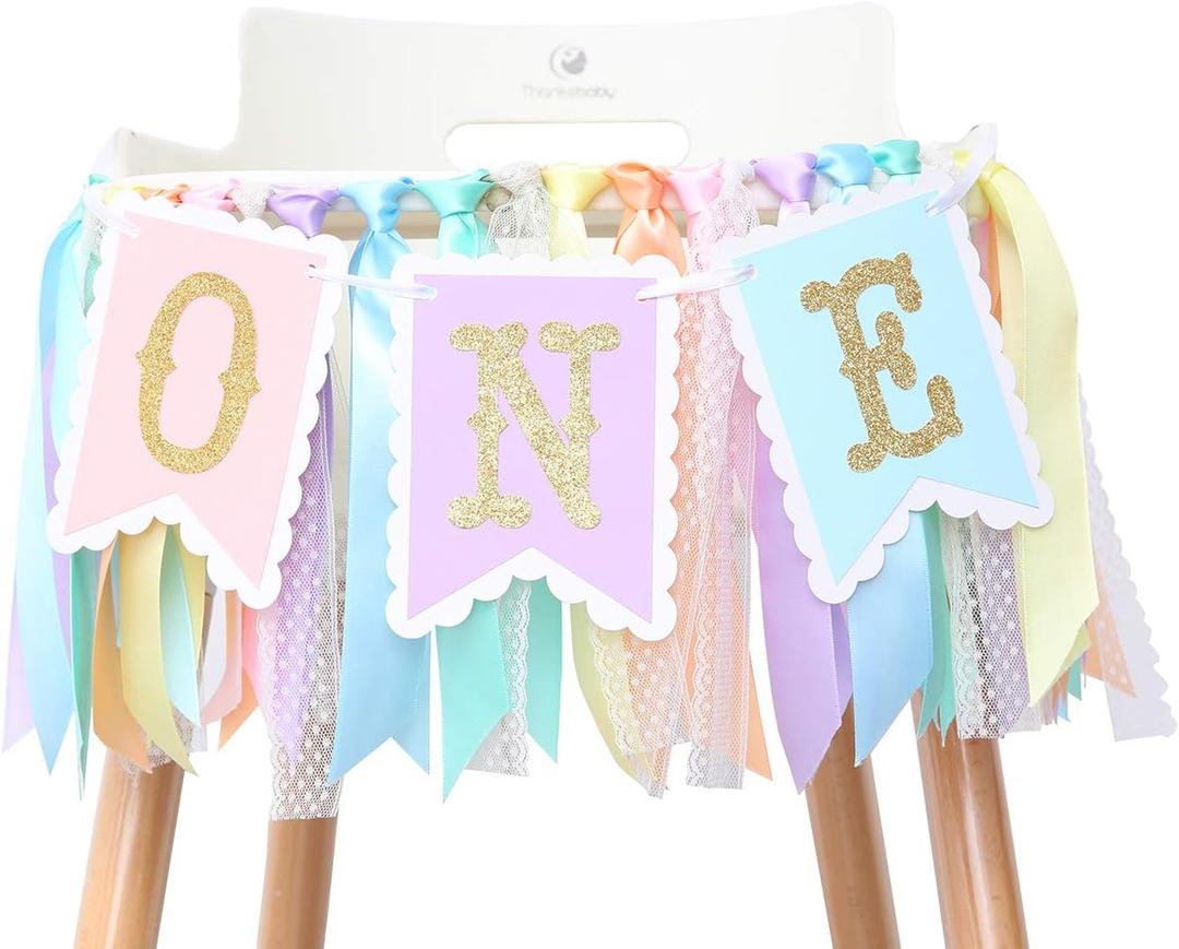 Rainbow High Chair Banner for 1st Birthday - Baby Girl Rainbow Smash Cake for Photo Props, First Birthday Photo Background, Macarons Color Ribbon (Rainbow High Chair Banner)