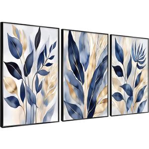 YOXORDQ 3Pcs Blue leaves Wall Art Abstract Blue Botanical Poster Prints Modern Minimalist Plant Canvas Picture for Living Room Bedroom Wall Decor 16x24in Unframed