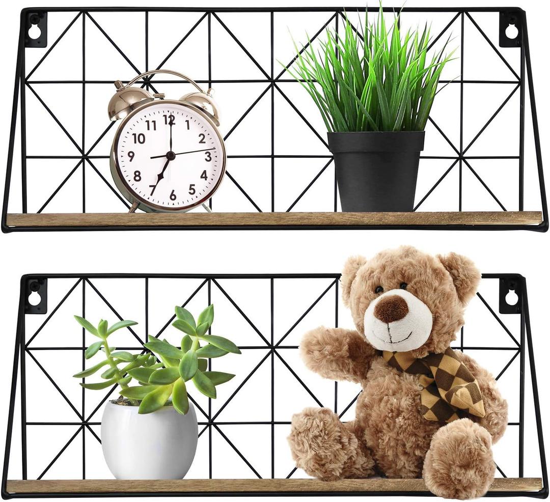 Greenco Geometric Mounted Floating, Home Decor, Metal Wire and Rustic Wood Wall Storage Shelves for Bedroom, Living Room, Bathroom, Kitchen, Office and More Set of 2