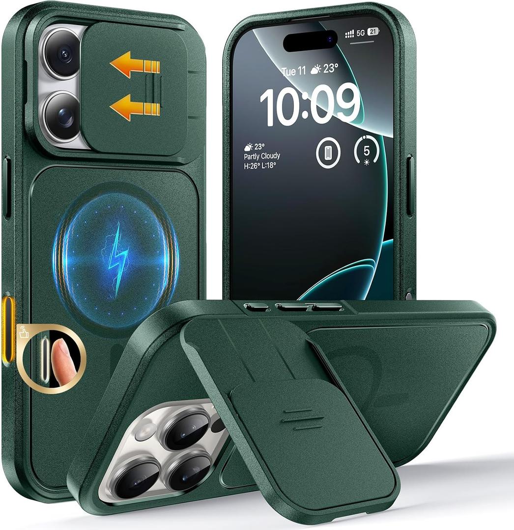 TOCOL for iPhone 16 Pro Case with Slide Camera Cover, Kickstand and Camera Control Button, Fit for MagSafe, Rugged Solid Phone Case, Non-Slip, Drop Protection, Alpine Green