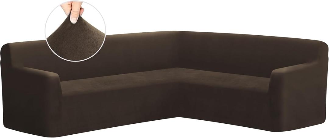 ALIECOM Velvet Corner Couch Covers L Shape Sofa Cover Sectional Stretch Soft Thick Plush U Shaped Sectional Slipcovers Living Room Pet Dogs Universal Non Slip Furniture Protector (Dark Brown, Small)
