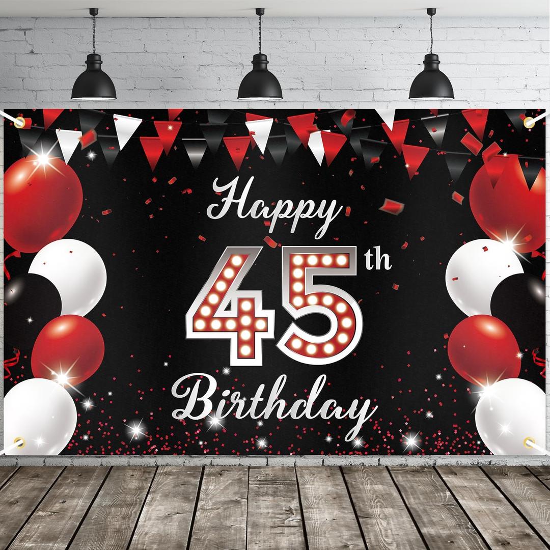 JOYKY Happy 45th Birthday Banner, Red Black Happy 45th Birthday Party Decorations for Men Women, 45 Year Old Birthday Supplies Backdrop Dcor, 5.9 X 3.8 Fts