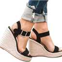 VICKIVICKI Women's Platform Sandals Wedge Ankle Strap Open Toe Sandals (6.5, Black-1#)