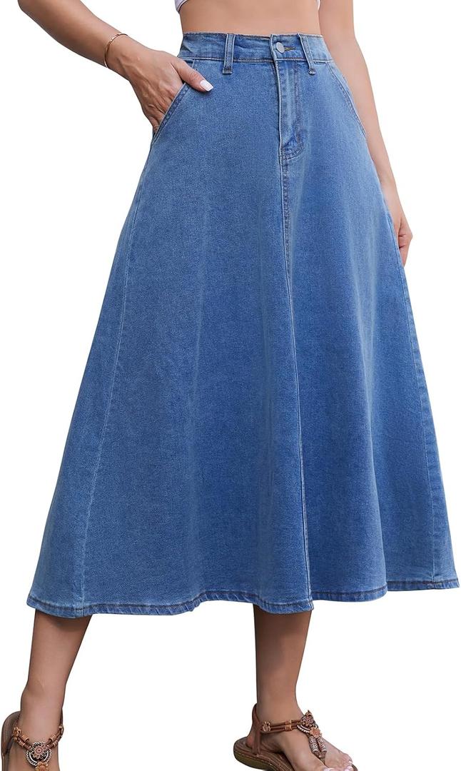 HUSKARY Women's Stretchy High Wasited A Line Long Maxi Jean Skirt Below Knee Length Flared Midi Denim Skirts with Pockets (Medium, Retro Light Blue)