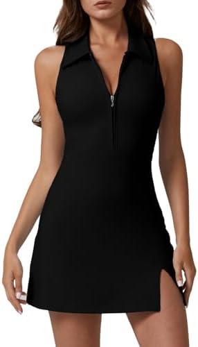 QINSEN Womens Zip Front Tennis Dress Polo Collar Racer Back Workout Golf Dresses Build in Shorts with Pockets, Small