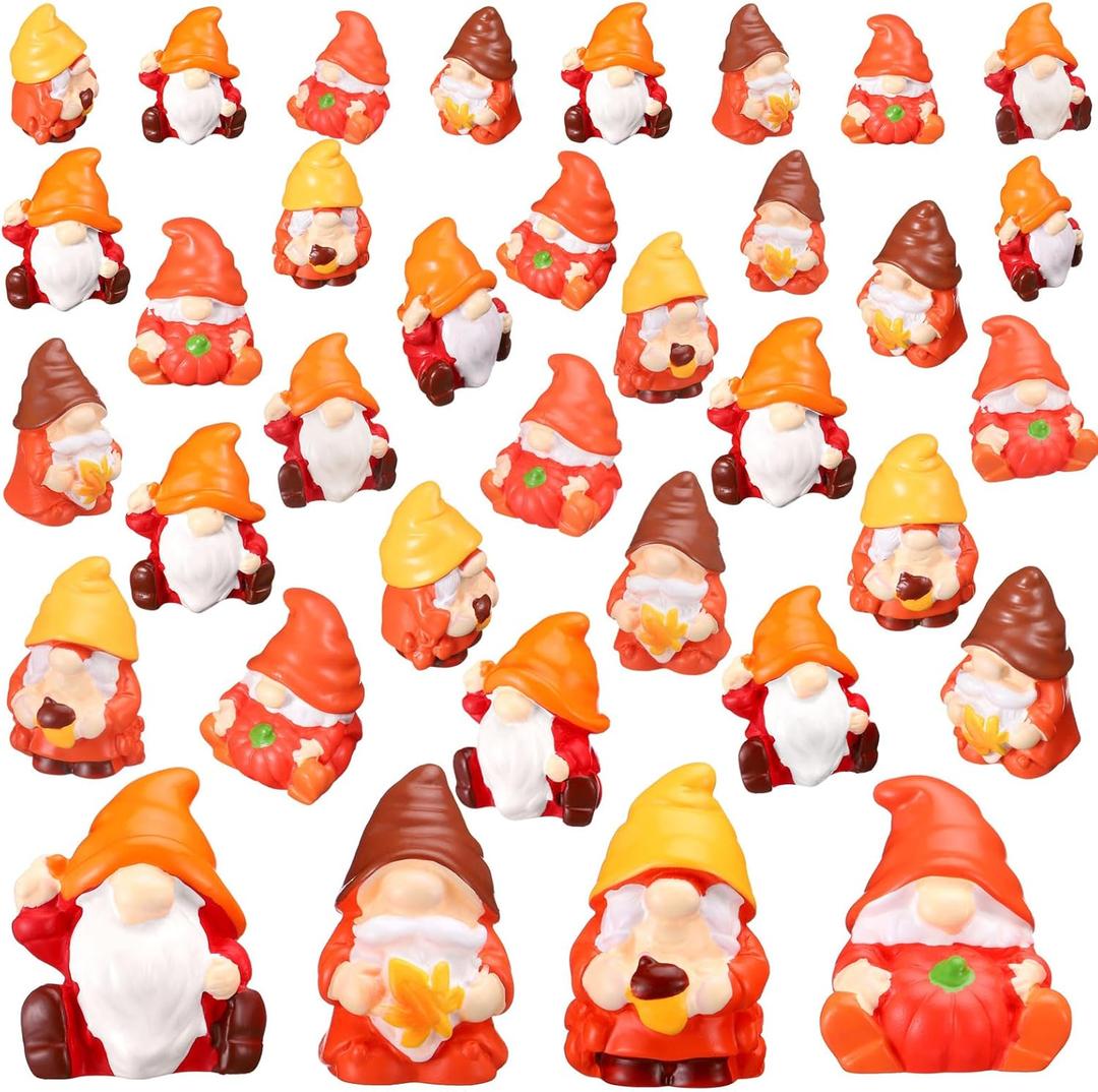 40 Pcs Thanksgiving Mini Gnomes Figurine Fall Maple Leaves Pumpkin Miniature Mini Resin Gnomes Statues for Thanksgiving Home Kitchen Harvest Tabletop Tiered Tray Ornaments Gifts, (Classic)