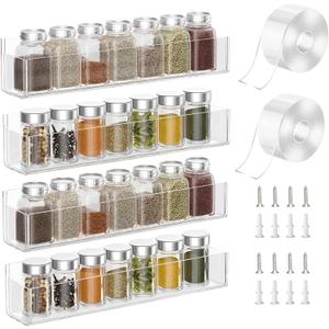 PMMASTO Adhesive Acrylic Spice Rack Organizer for Wall with 2 Nano Double Sided Tape, Spice Shelf Organization for Kitchen Cabinet Door/Pantry Door, Wall Mount Seasoning Rack (Clear-4 Pack)