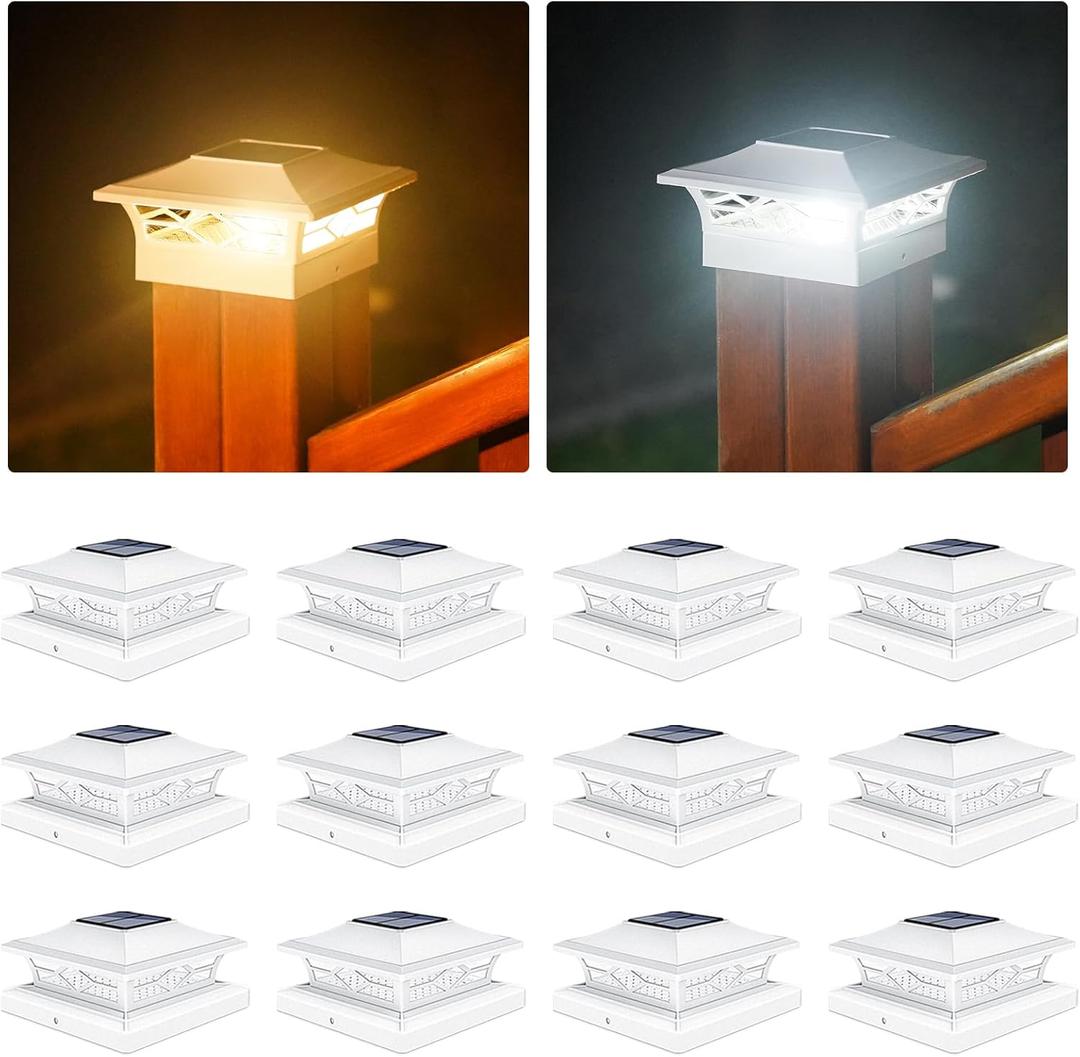 VOLISUN Solar Post Cap Lights: 12 - Pack Outdoor Deck Post Cap Lights White for Dock Fence Waterproof 2 Color Modes,4x4/6x6 Wooden/Vinyl Posts