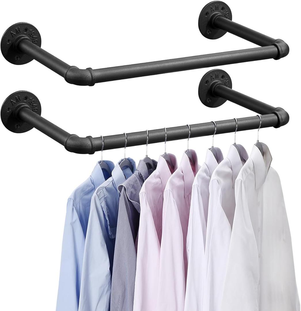 BOSHANGJIA Industrial Pipe Clothes Rack Set of 2, 21” Heavy Duty Wall Mounted Clothing Rack MultiPurpose Garment Bar, SpaceSaving Hanging Rod for Laundry Room,Closet Storage