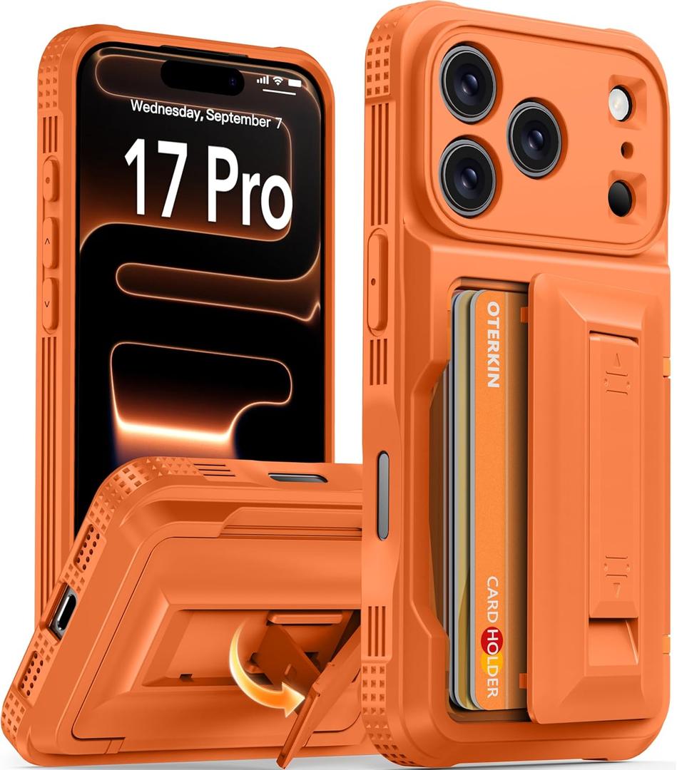 Oterkin for iPhone 17 Pro Wallet Case [4-5 Card Holder] [Kickstand] [RFID Blocking] [Full Camera Protection] [Military Grade Protection] Shockproof Rugged Phone Case for iPhone 17 Pro, Orange