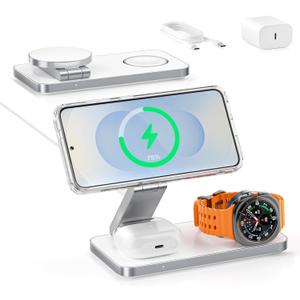 3-in-1 Charging Station for Samsung, Magnetic Fast Wireless Charger Stand Compatible with MagSafe for Galaxy S26/S25/S24/S23/Z Fold/Flip Series, Galaxy Watch Ultra/8/7/6/5, Galaxy Buds Pro/4/3/2