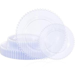 U-QE 60PCS Clear Plastic Plates - Fancy Beaded Plates Disposable Heavy Duty - Premium Hard Plastic Plate for Party, Wedding & Birthday Including 30 Dinner10 & 30 Dessert Plate 7"