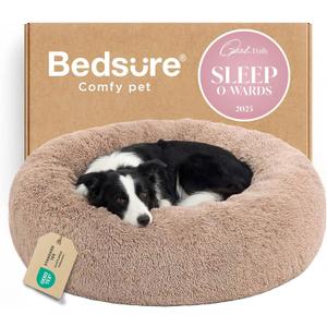 Bedsure Calming Dog Beds Large Sized Dog - Donut Washable Large Pet Bed, 36 inches Anti-Slip Round Fluffy Plush Faux Fur Dogs Bed, Fits up to 80 lbs Pets, Camel