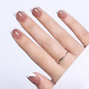 2 x White French Tip Press On Nails - Brown Short Square Fake Nails, Square Press On Nails Reusable Stick On Nails in 15 Sizes, 30pcs False Nail Kit for Women & Girls (Cocoa French)