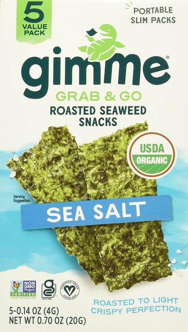 Gimme Grab & Go Roasted Seaweed Snacks, Sea Salt, Portable Slim Packs, Vegan, USDA Certified Organic, Gluten Free & Non-GMO, 5 Value Pack, 0.7 Ounce (Pack of 6)