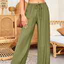 GUOLEZEEV Women Wide Leg Flowy Linen Pants Loose Drawstring Casual Pants Beach Vacation Trouser (Green, M)