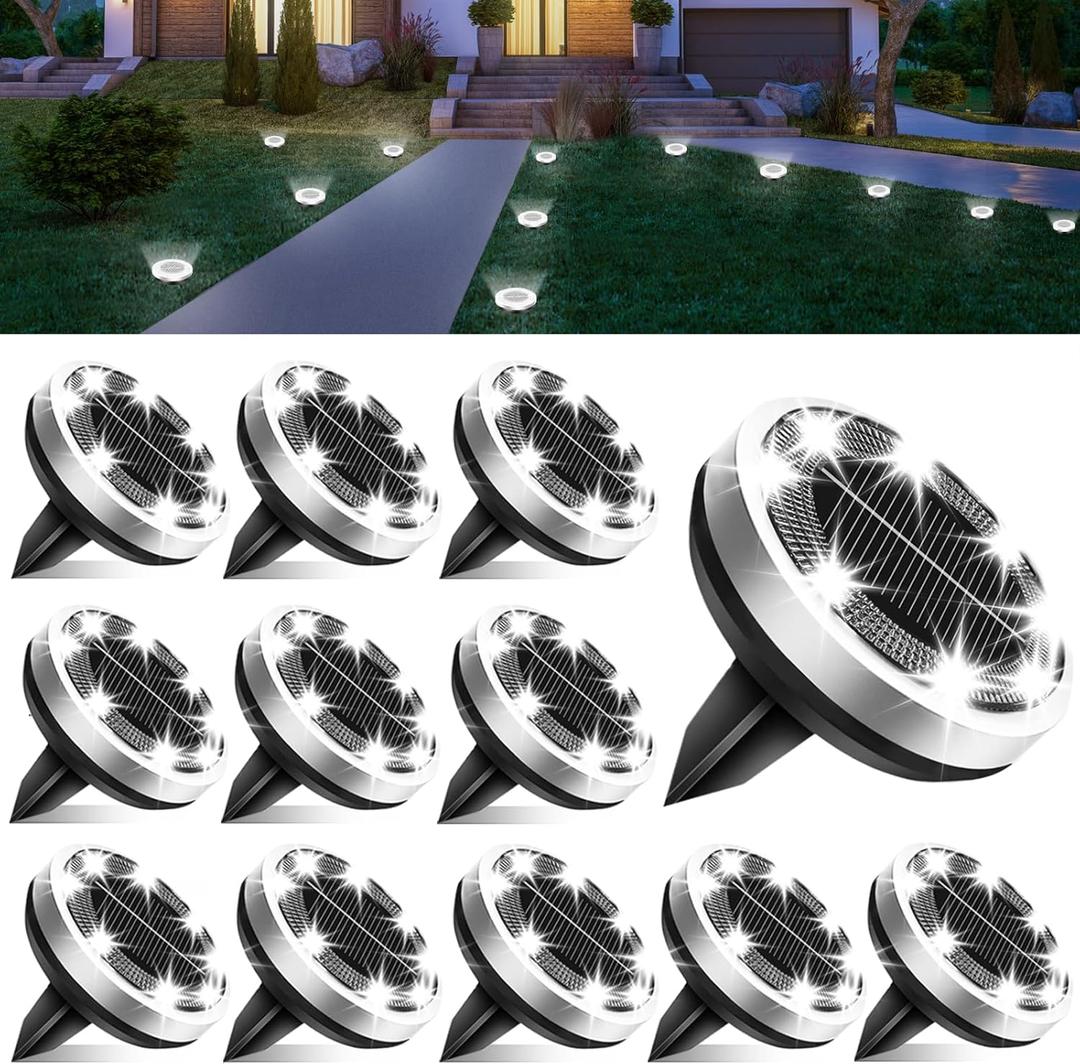 Solar Lights Outdoor Waterproof, 12 Pack 8 LED, Thickened Stainless Steel Ground Light, Solar Garden Lights Landscape Lighting for Patio Pathway Lawn Yard Deck Driveway Walkway, Cool White