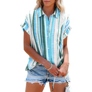 Womens Button Down Shirts Short Sleeve Summer Linen V Neck Collared Stripes Casual Blouses Tops with Pocket (Small, Green&blue_stripes)