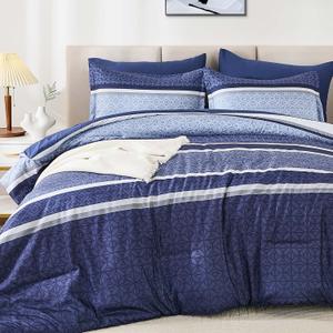 WONGS BEDDING Comforter Set King Size 7 Pieces,Navy Blue Striped Bed in a Bag Comforter and Sheet Set,Patchwork Soft Lightweight Micorfiber Bedding Set for All Seaon (90"104")