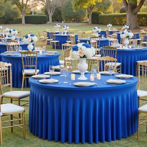 Htper 8 Pack Royal Blue Round Spandex Tablecloths for 60 inch Table, 120 inch Stretchy Fitted 5FT Round Table Cloths with Skirt for Wedding Birthday Party Dining Banquet