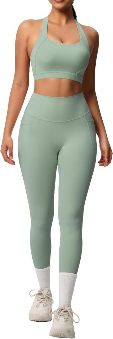 MUMANAIXI Women's 2Piece MoistureWicking Workout sets Cross Back Sports Bra & High Waist Leggings Yoga Outfit Gym Athletic Set for Fitness, XL