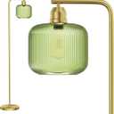 Glass Floor Lamp for Living Room, Modern Standing Lamp with Green Ribbed Glass Lampshade and Pedal Switch, 66 Tall Lamp & Gold Floor Lamp for Bedroom Study Room,Brushed Gold(3000K LED Bulb Included)